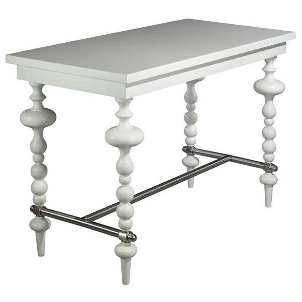Marie Rectangle Poseur Table with white wood top and sculpted turned pedestal base, metal support bars. Dining table.