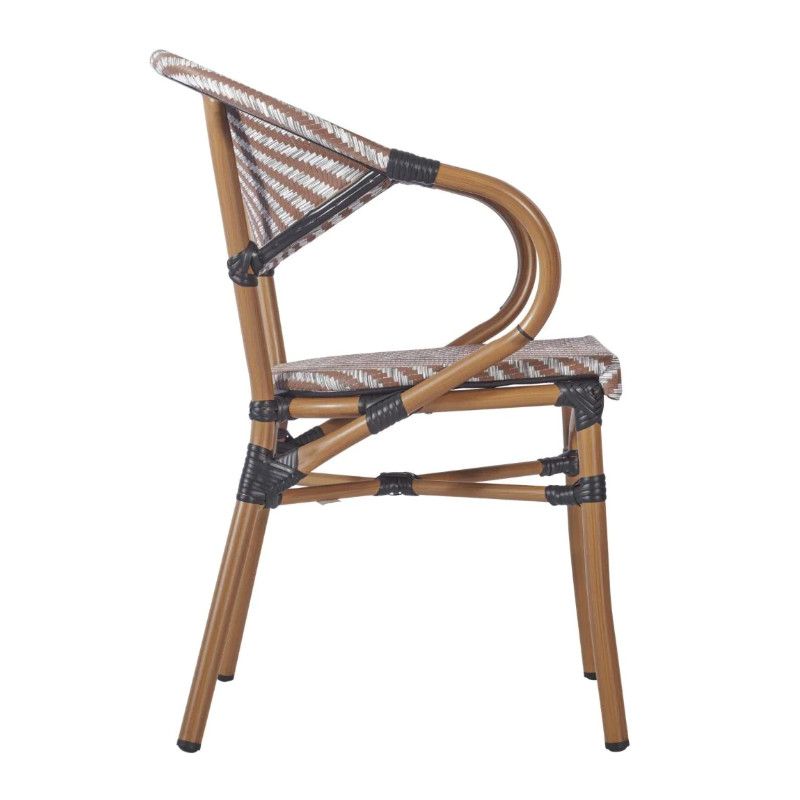 Side view of the Montpellier Armchair featuring a metal frame with brown woven seat and back, ideal for outdoor commercial spaces.