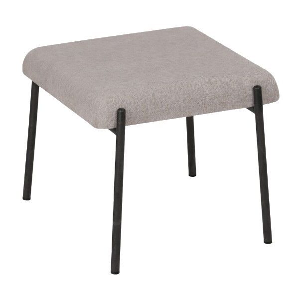 The Selene M Low Stool features a gray upholstered seat and back with a sleek, modern design and black metal frame.
