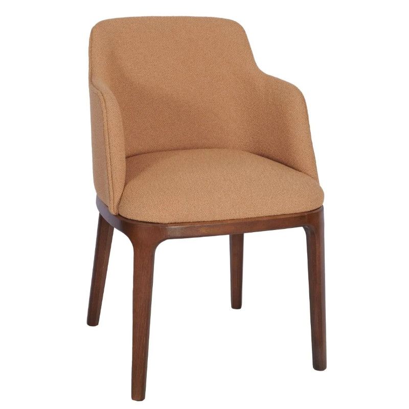 Front view of a Wellington Armchair with upholstered tan seat and backrest and dark wood frame.