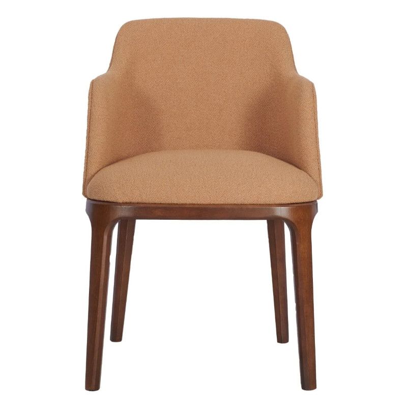 Front view of a Wellington Armchair showing its upholstered seat and back in a textured tan fabric and dark wood frame.