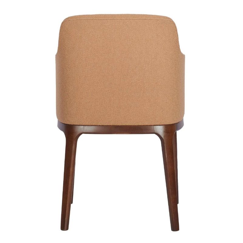 Back view of a tan upholstered Wellington Armchair with a dark wood frame, showcasing its simple, modern design.