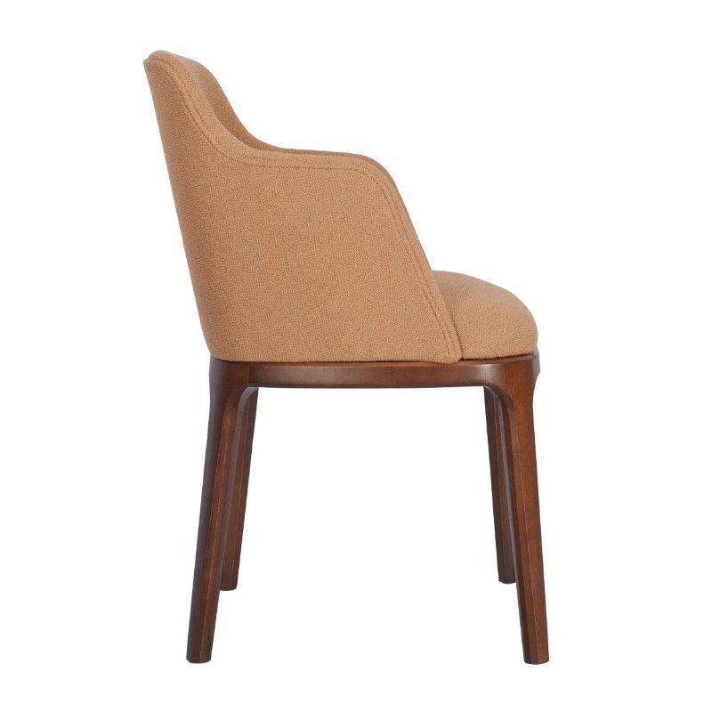 Side view of a brown upholstered Wellington Armchair with wooden frame, showcasing its elegant design and comfortable seating.