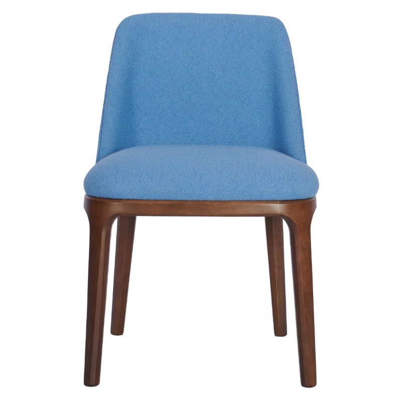 Front view of a blue upholstered Wellington Side Chair with a wooden frame, ideal for restaurants and hospitality spaces.