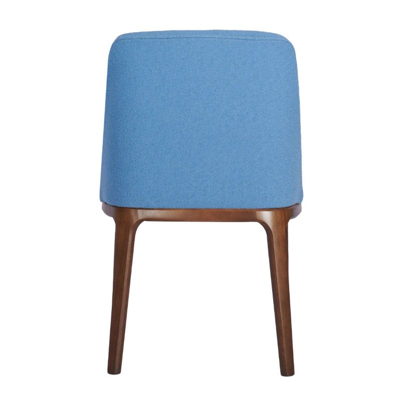 Wellington Side Chair, rear view. Wooden frame, upholstered in light blue fabric. Contract furniture for restaurant, hotel, healthcare, workplace.