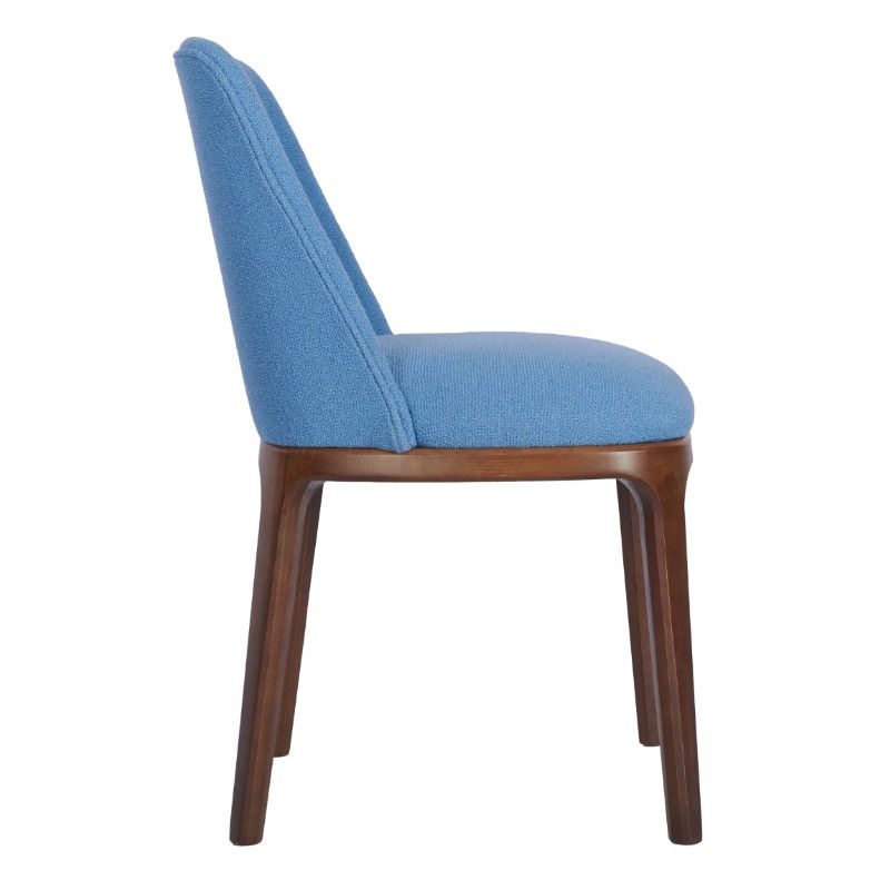 Side view of a blue Wellington Side Chair with wooden frame and upholstered seat and back, perfect for pub or dining spaces.
