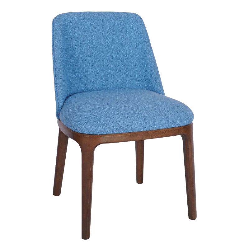 Angled view of a blue Wellington Side Chair with wood frame, upholstered seat and back, suitable for restaurants and hotels.