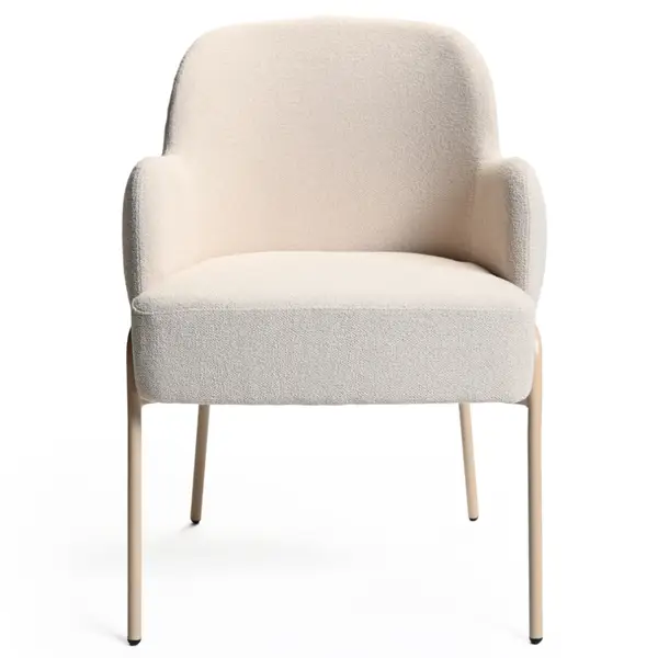 Front view of the Adele Armchair, featuring a cream-colored, upholstered seat and back with a metal frame. Perfect for modern interiors.