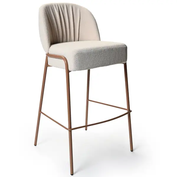Front view of the Adele Barstool featuring a metal frame and upholstered seat and back in a cream fabric finish.