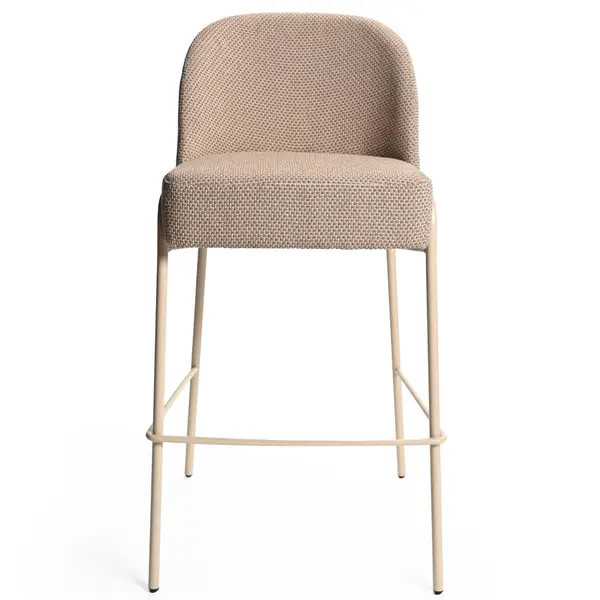 Front view of the Adele Barstool, featuring a beige upholstered seat and back with a slim, light-colored metal frame.
