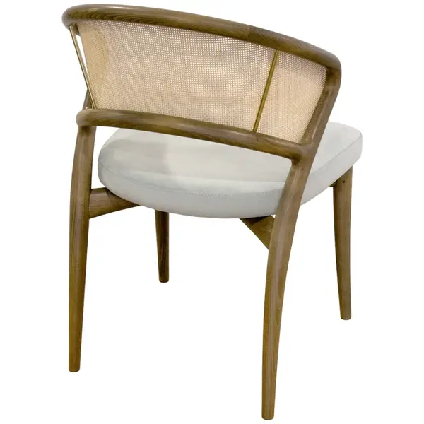 Nob Side Chair, rear view. Wood frame, upholstered white seat, woven back. Stackable chair for commercial settings.