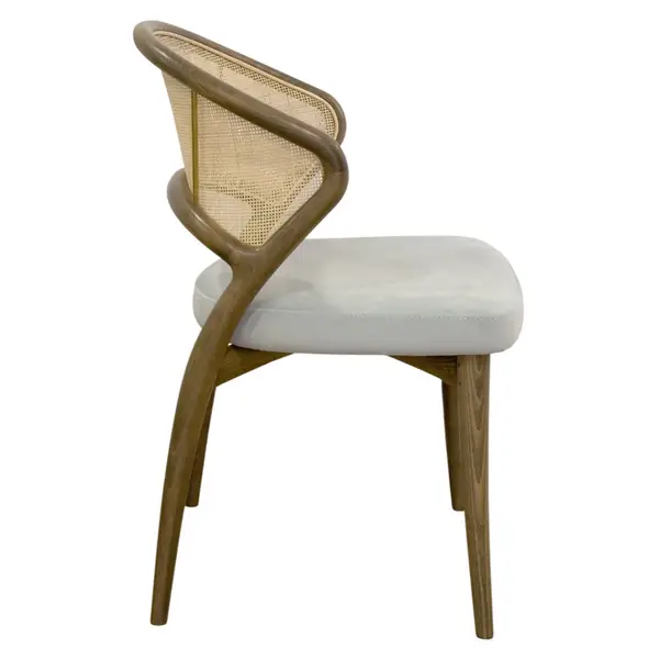 Nob Side Chair, side view. Wood frame, upholstered white seat, woven back. Stackable chair for commercial spaces.