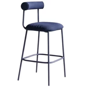 Angled view of the Baya Barstool featuring a blue upholstered seat and backrest, with a sleek metal frame. Modern design.
