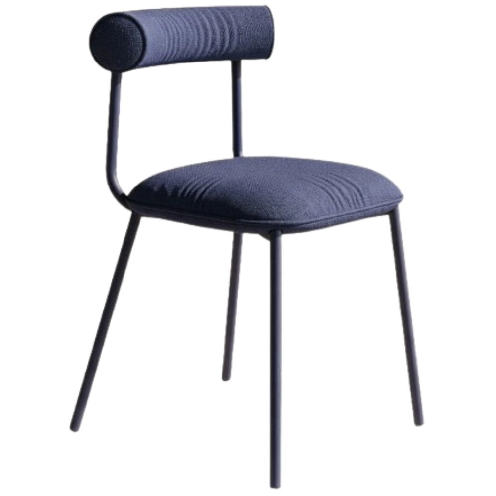 Stylish Baya Side Chair in blue with upholstered seat and back, showcasing its modern design and comfortable seating.