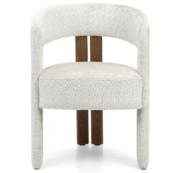 Front view of a white upholstered Berry Armchair with a wooden frame, perfect for commercial or home settings.