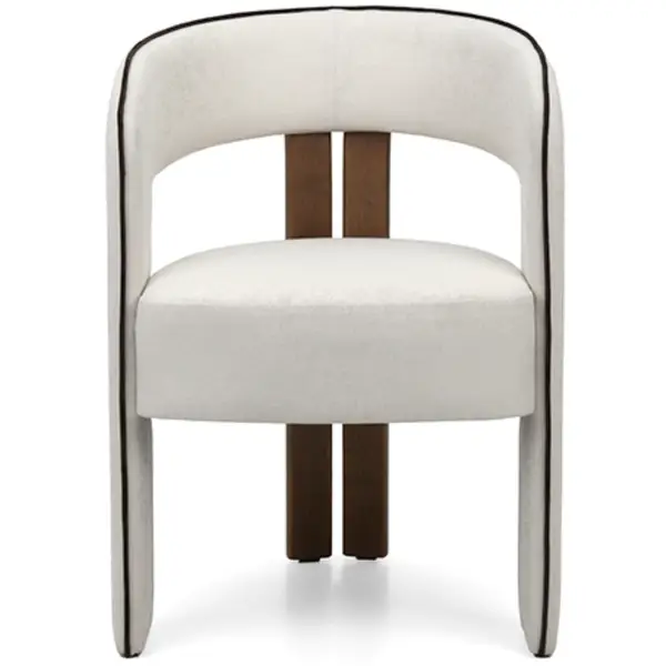 Front view of the Berry Armchair featuring white upholstery with black piping and a wood frame, ideal for contract furniture.