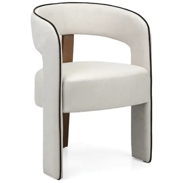 Front view of a modern Berry Armchair. Features cream upholstery, black piping, and a wood frame for a stylish, comfortable seat.