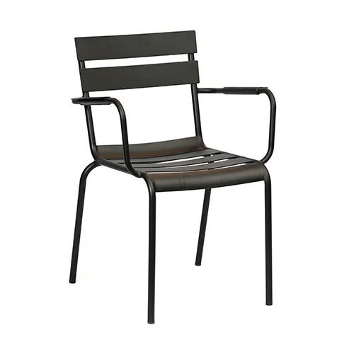 Here's a Bodmin Armchair, featuring a dark metal frame, armrests, and a slatted seat and back, ideal as outdoor restaurant and hotel furniture.