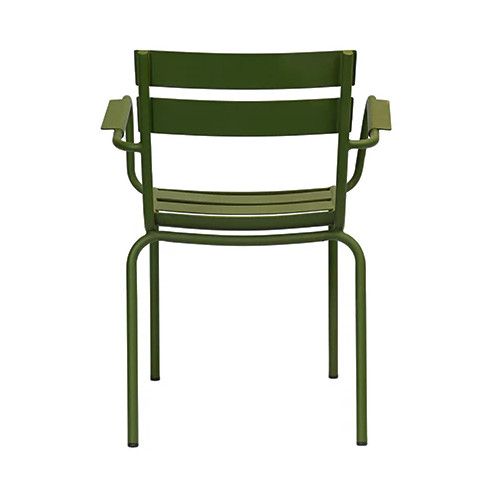 A rear view of the Bodmin Armchair showcases its durable metal frame and slatted design, perfect for outdoor commercial spaces.