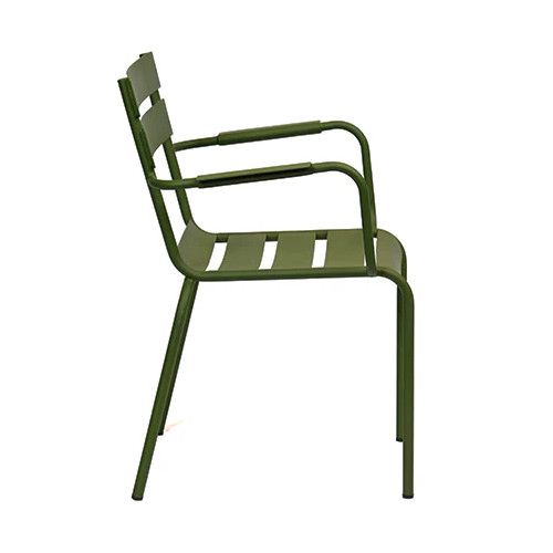On display: a jade Bodmin Armchair in profile. Metal frame with a slatted seat and back, designed for outdoor use in restaurants and hotels.