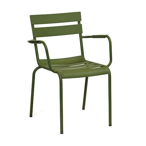 Bodmin Armchair in jade: a metal framed side chair with horizontal slats on the seat and back, designed for outdoor restaurant and hotel use.