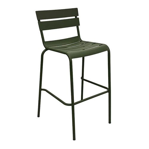 Shown is a Bodmin Barstool in jade; a metal barstool with a slatted seat and back, designed for outdoor restaurant and hotel use.