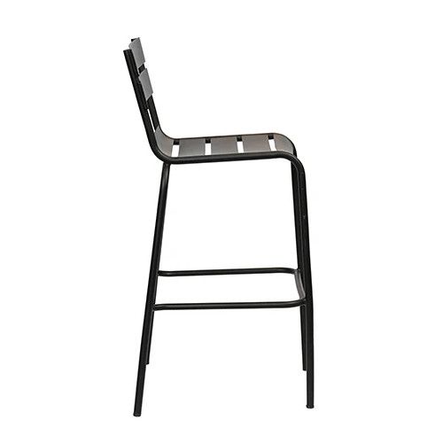 A side view of the Bodmin Barstool in onyx, showing its metal frame, slatted back and seat; ideal outdoors for hotels and restaurants.