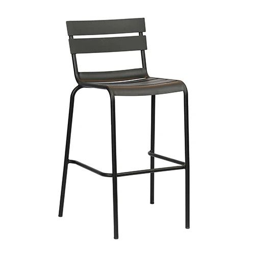 Bodmin Barstool: Metal frame barstool with a slatted seat and back in an onyx finish, designed for outdoor use.