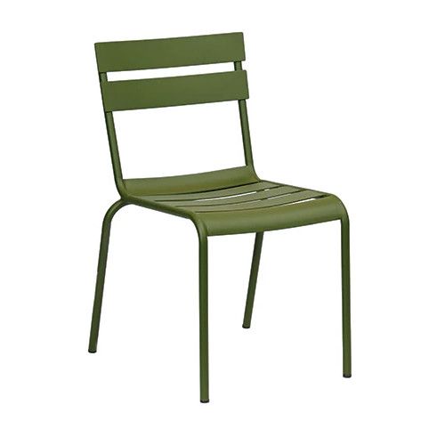 Pictured is a green Bodmin Side Chair, showing its metal frame, curved back, and slatted seat designed for modern comfort.