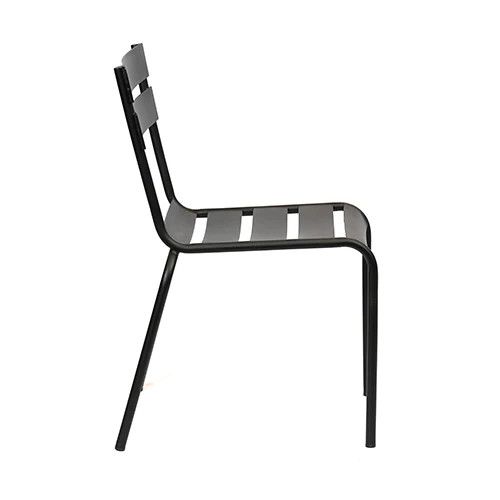 Side view of the Bodmin Side Chair showcases its sleek, durable metal framework and slatted seat design in a minimalist style.