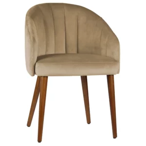 Angled view of the Chelsea W Armchair in beige upholstery with a wooden frame, suitable for commercial lounge furniture.