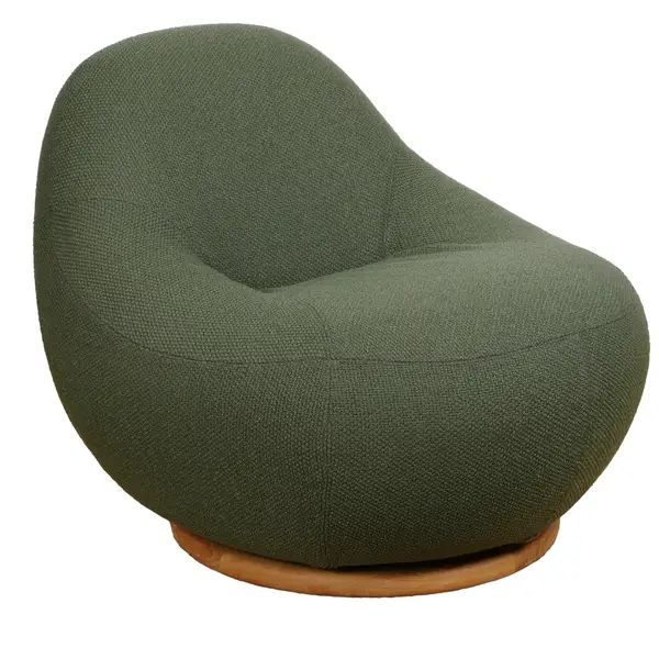Angled view of Gem Lounge Chair in green upholstery with a round wood base, modern style.