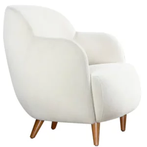 Glamour Lounge Chair in white upholstery with wooden legs, showcasing its curved, comfortable design from a low-angle view.