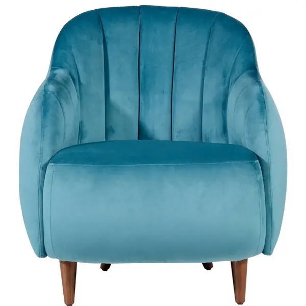 Glamour Lounge Chair in teal velvet upholstery with a channel-tufted back and tapered wood legs, showcasing a modern style.