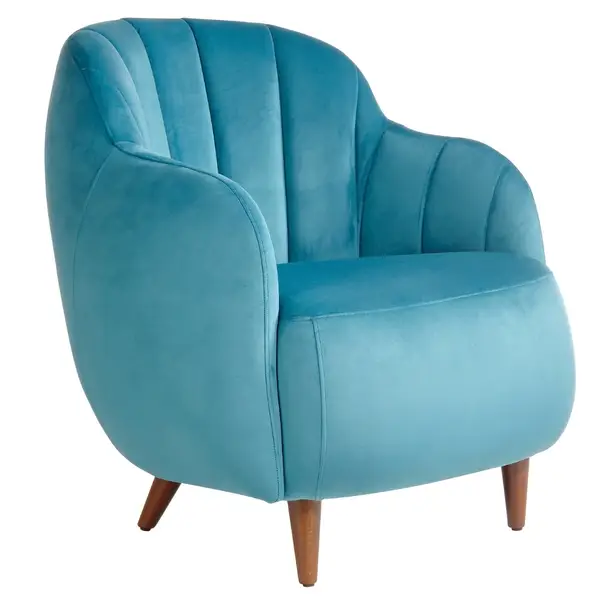 Stylish Glamour Lounge Chair in teal velvet upholstery with fluted back and wooden legs, angled view.