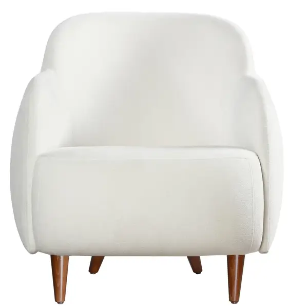 Front view of a cozy white upholstered Glamour Lounge Chair with wooden legs, perfect for modern commercial spaces.