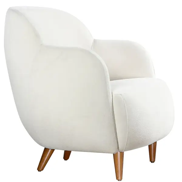 Glamour Lounge Chair in white upholstery with wooden legs, showcasing its curved, comfortable design from a low-angle view.