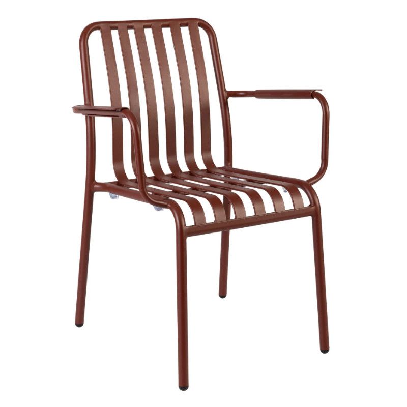 Behold a Henley Armchair; showcasing a slatted design in rust-colored metal, ideal seating for outdoor spaces.