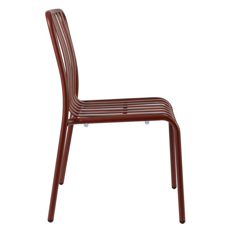 Sideways view of the Henley Side Chair showing a brown metal frame and slatted seat and back.