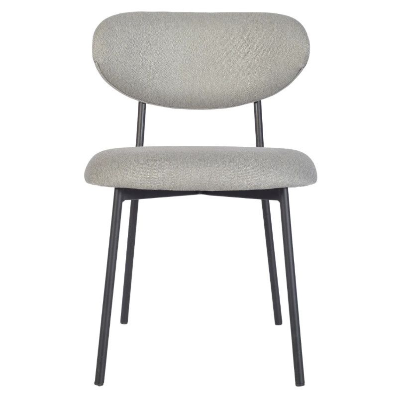 Front view of the Joe M Side Chair featuring gray upholstered seat and back with a black metal frame. Stackable seating solution.