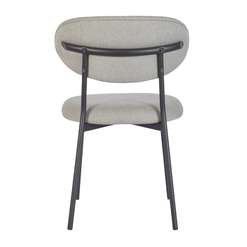 Back view of the upholstered Joe M Side Chair in light gray with slim, black metal frame and curved back support bar.
