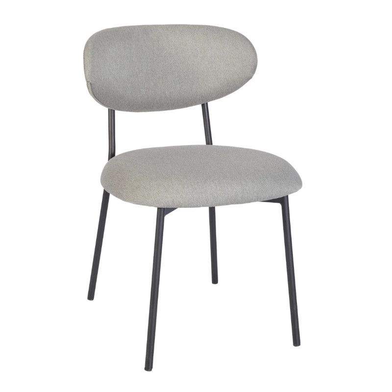 Modern Joe M Side Chair with gray upholstered seat and back, supported by sleek black metal frame, showcasing its simple design.