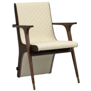 Angled view of the Lumi Armchair, featuring a quilted cream fabric seat & back, and a dark wood frame with armrests.