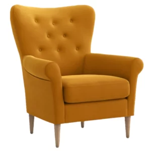 Front view of a stylish Mac Lounge Chair in vibrant mustard yellow with button-tufted back and light wood legs.
