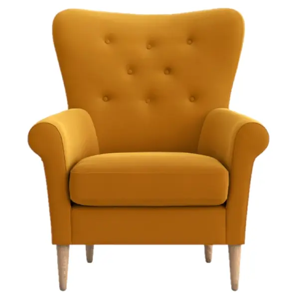 Front view of a mustard-colored Mac Lounge Chair with button-tufted backrest and light wood legs.