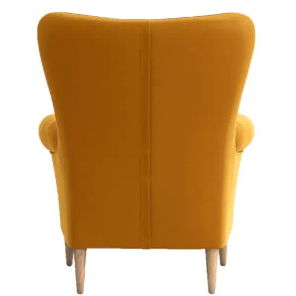 Back view of a stylish Mac Lounge Chair with mustard upholstery and wooden legs, showcasing its modern design and comfort.