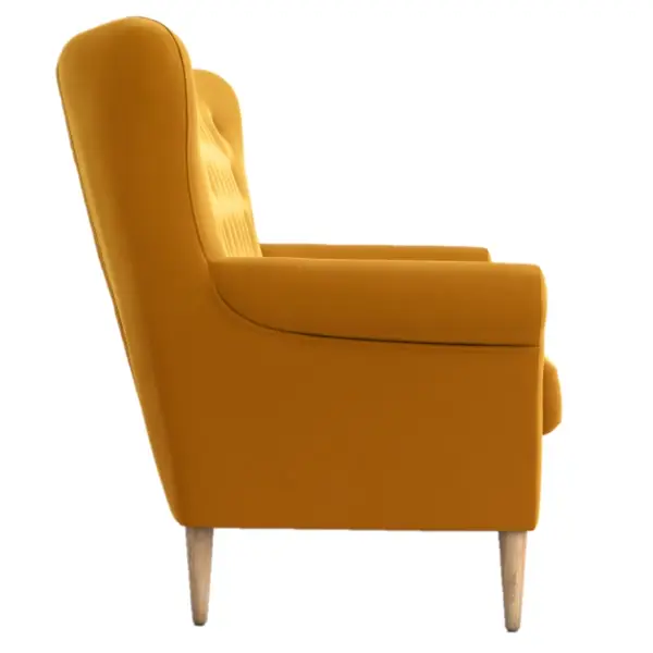 Side view of a Mac Lounge Chair in mustard upholstery with wooden legs. Modern style lounge chair.