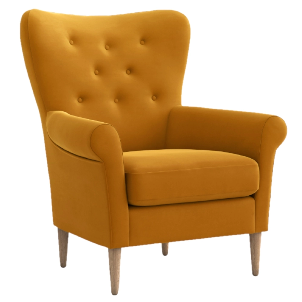 Front view of a stylish Mac Lounge Chair in vibrant mustard yellow with button-tufted back and light wood legs.