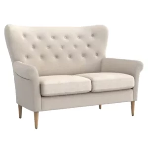 Front view of the Mac Sofa: a cream-colored, upholstered two-seater with button detailing and tapered wooden legs.