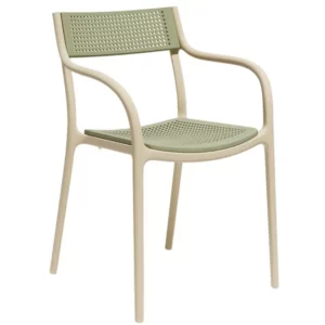 Madison D Armchair: Front view of a contemporary resin frame chair with a teak wood seat and back.
